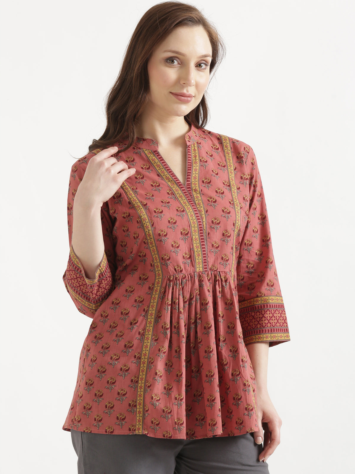 ELARA Peach Pink Printed Cotton Short Top