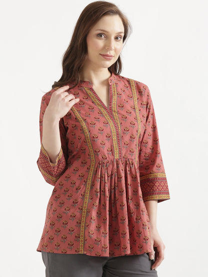 ELARA Peach Pink Printed Cotton Short Top