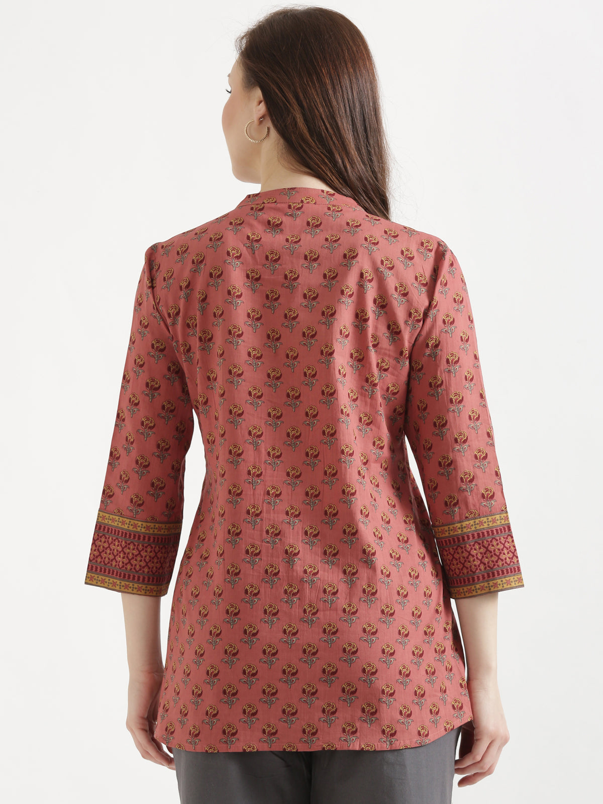 ELARA Peach Pink Printed Cotton Short Top