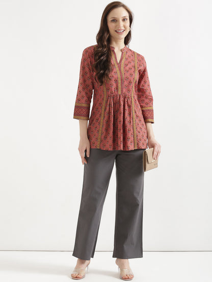 ELARA Peach Pink Printed Cotton Short Top