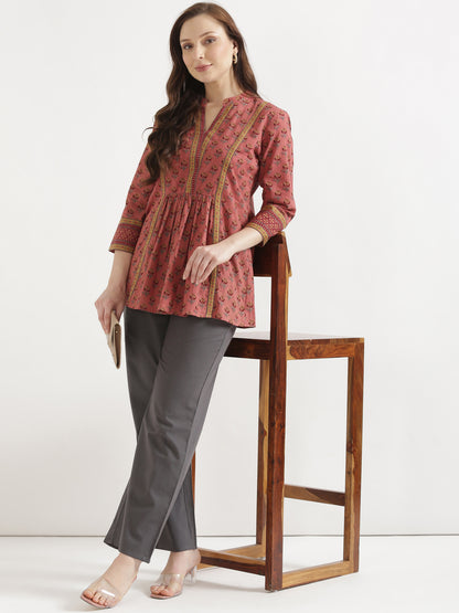 ELARA Peach Pink Printed Cotton Short Top