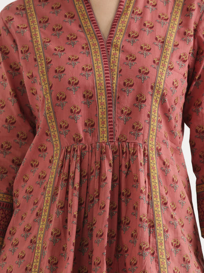 ELARA Peach Pink Printed Cotton Short Top