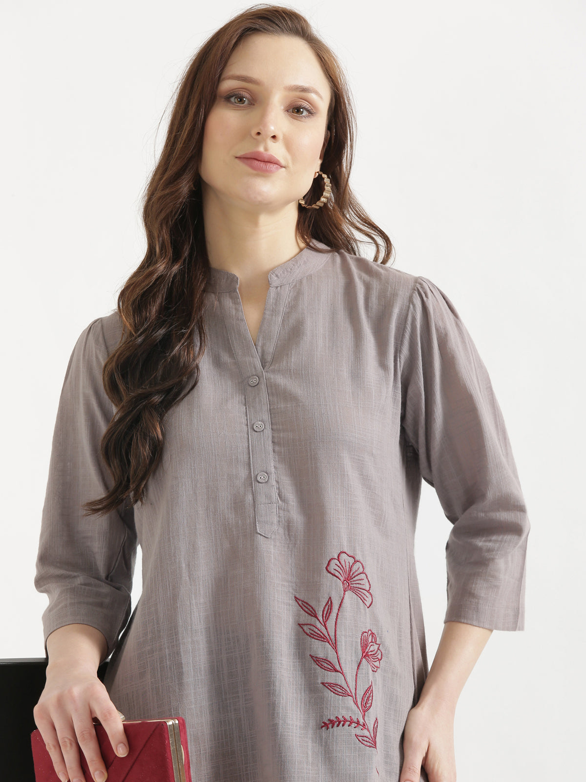 ELIO Cement Grey Embroidered Cotton Short Top