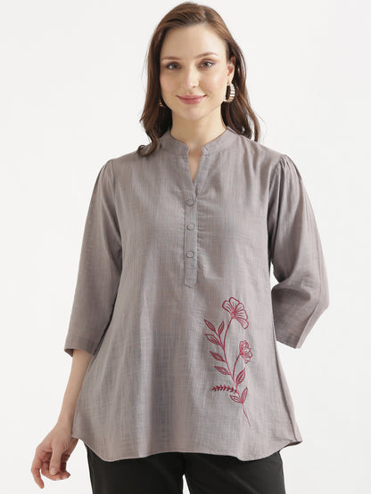 ELIO Cement Grey Embroidered Cotton Short Top