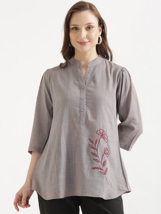 ELIO Cement Grey Embroidered Cotton Short Top