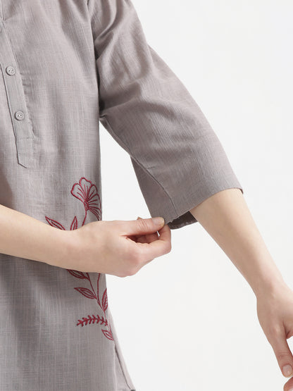 ELIO Cement Grey Embroidered Cotton Short Top