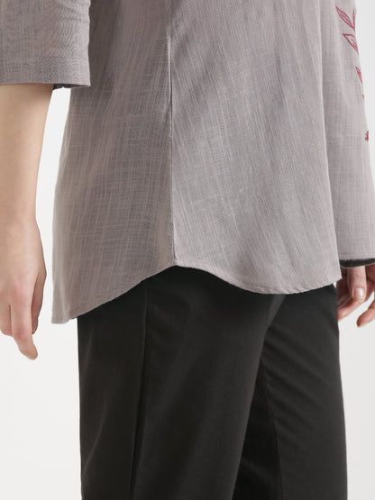 ELIO Cement Grey Embroidered Cotton Short Top