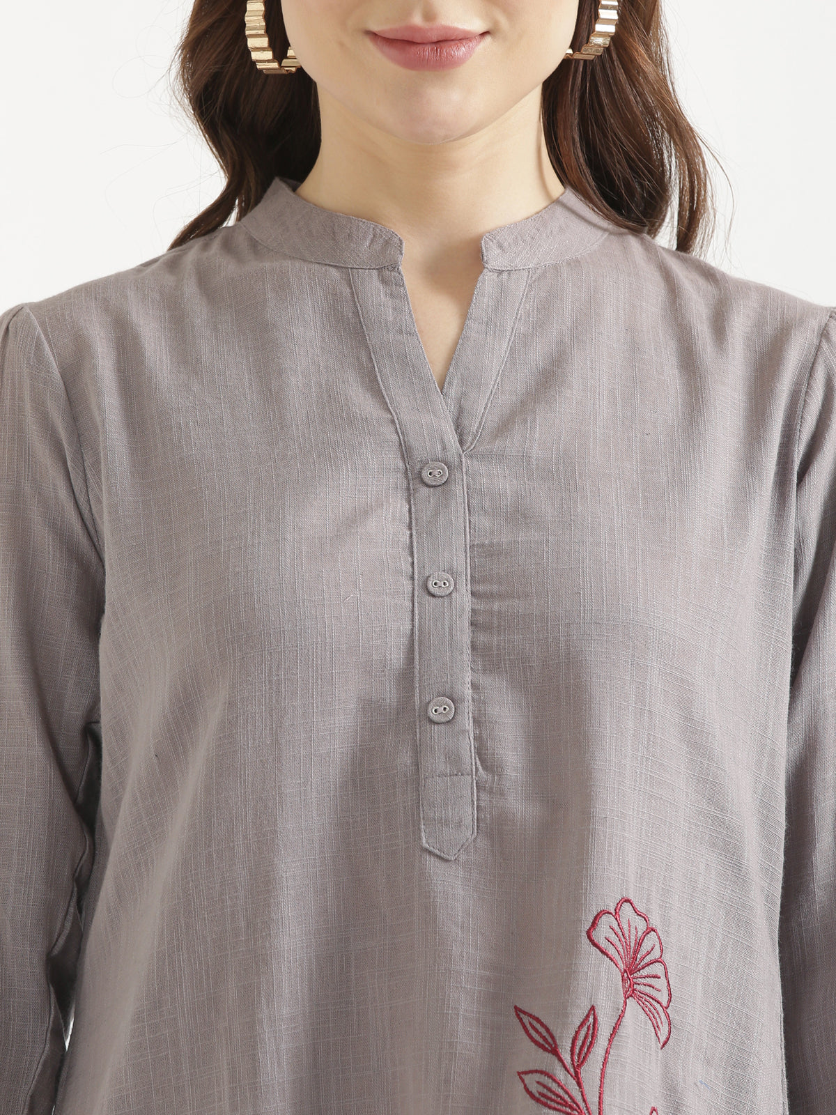 ELIO Cement Grey Embroidered Cotton Short Top