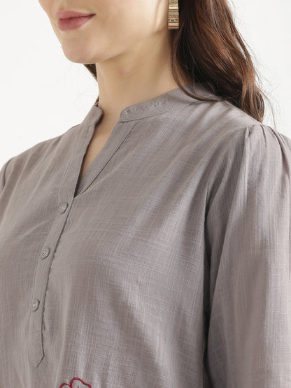 ELIO Cement Grey Embroidered Cotton Short Top