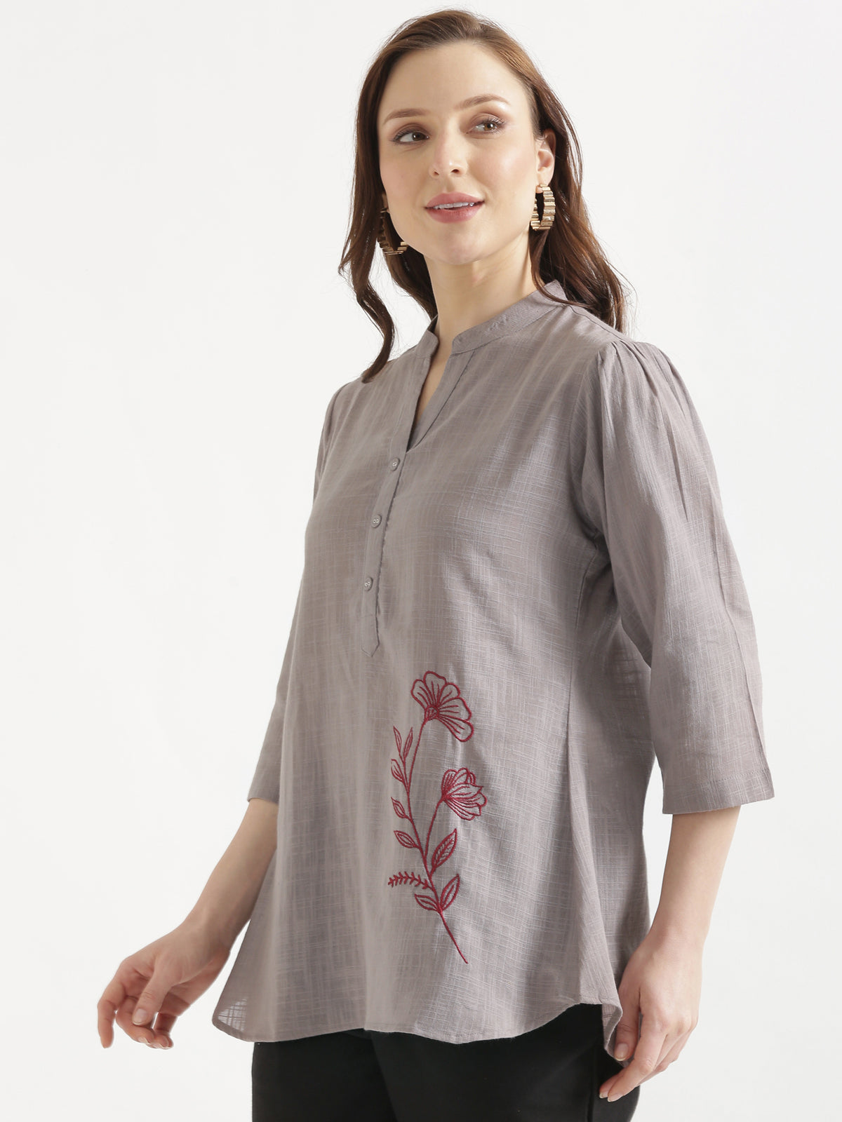 ELIO Cement Grey Embroidered Cotton Short Top