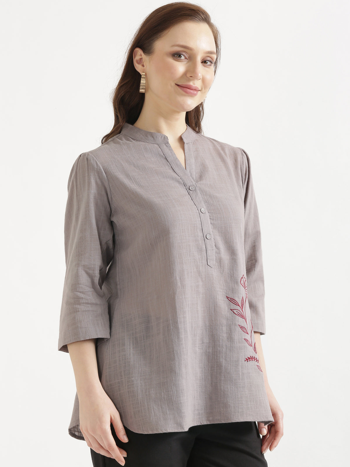 ELIO Cement Grey Embroidered Cotton Short Top