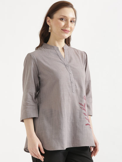 ELIO Cement Grey Embroidered Cotton Short Top