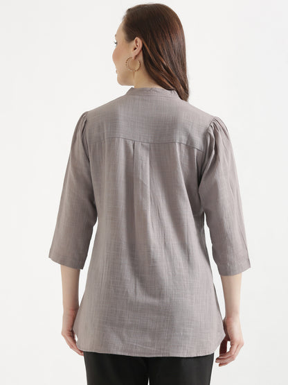 ELIO Cement Grey Embroidered Cotton Short Top