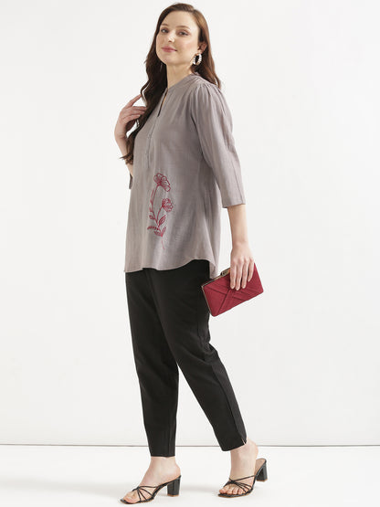 ELIO Cement Grey Embroidered Cotton Short Top