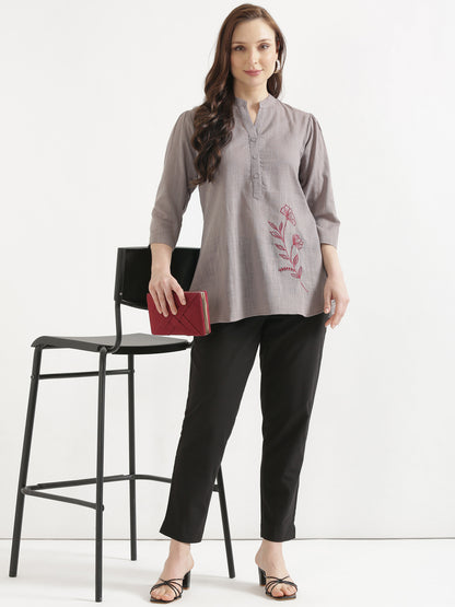 ELIO Cement Grey Embroidered Cotton Short Top