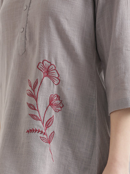 ELIO Cement Grey Embroidered Cotton Short Top