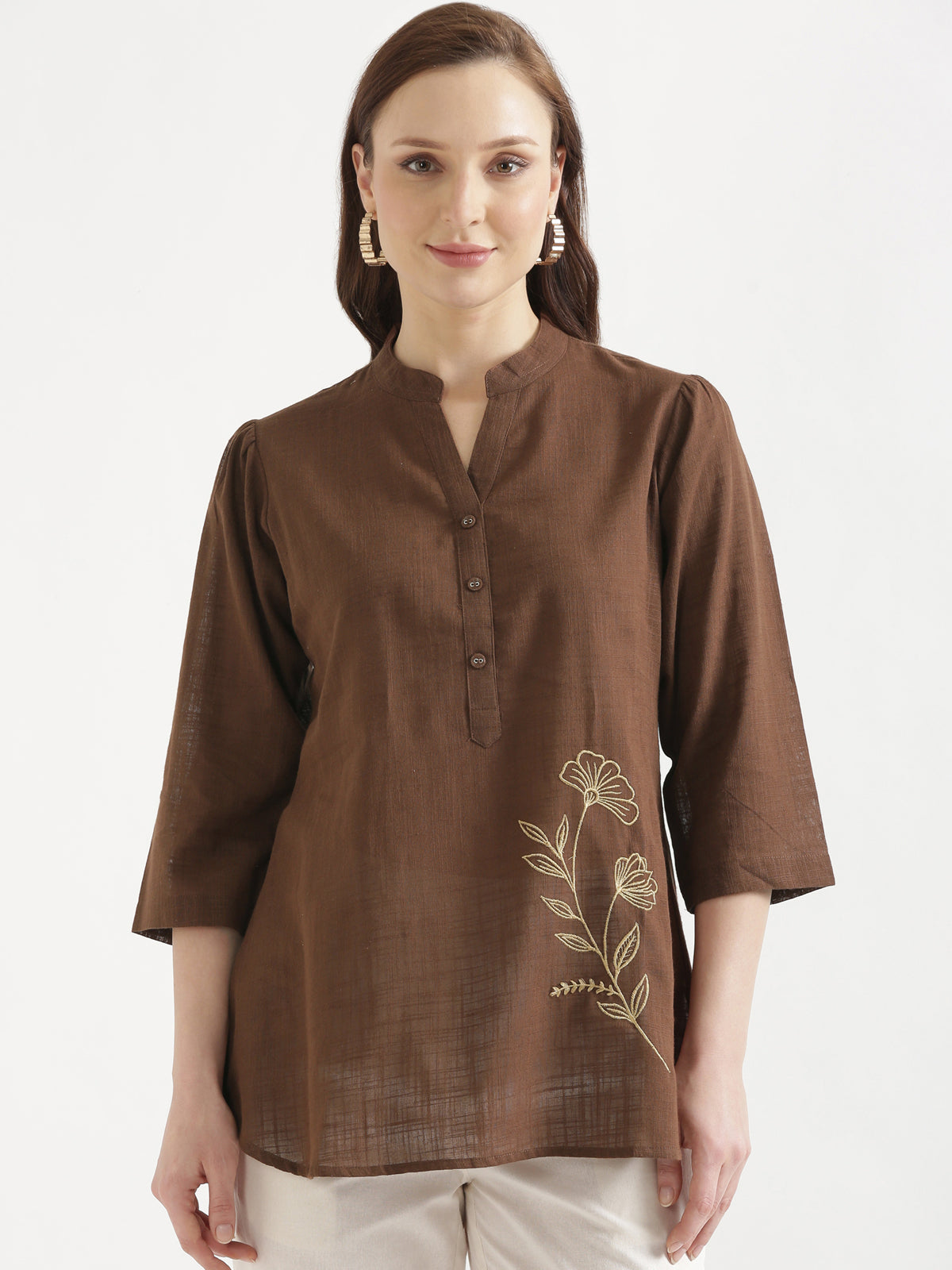 ELIO Coffee Brown Embroidered Cotton Short Top