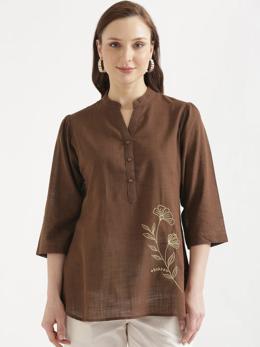 ELIO Coffee Brown Embroidered Cotton Short Top