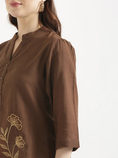 ELIO Coffee Brown Embroidered Cotton Short Top