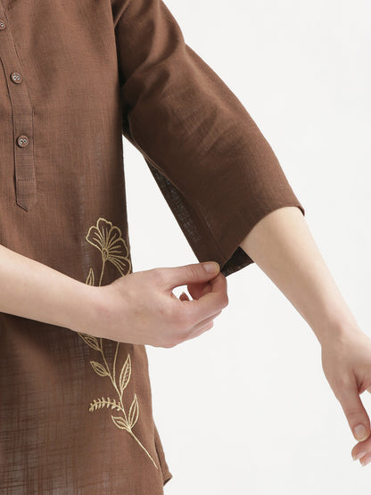 ELIO Coffee Brown Embroidered Cotton Short Top