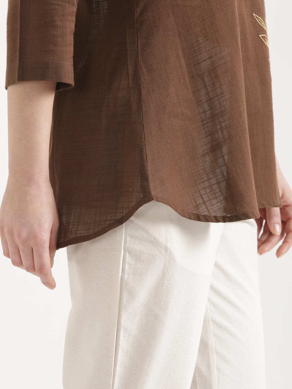 ELIO Coffee Brown Embroidered Cotton Short Top