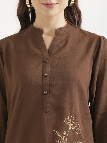 ELIO Coffee Brown Embroidered Cotton Short Top