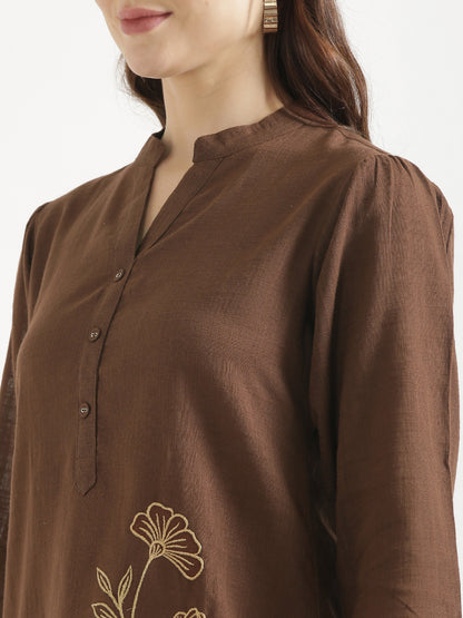 ELIO Coffee Brown Embroidered Cotton Short Top