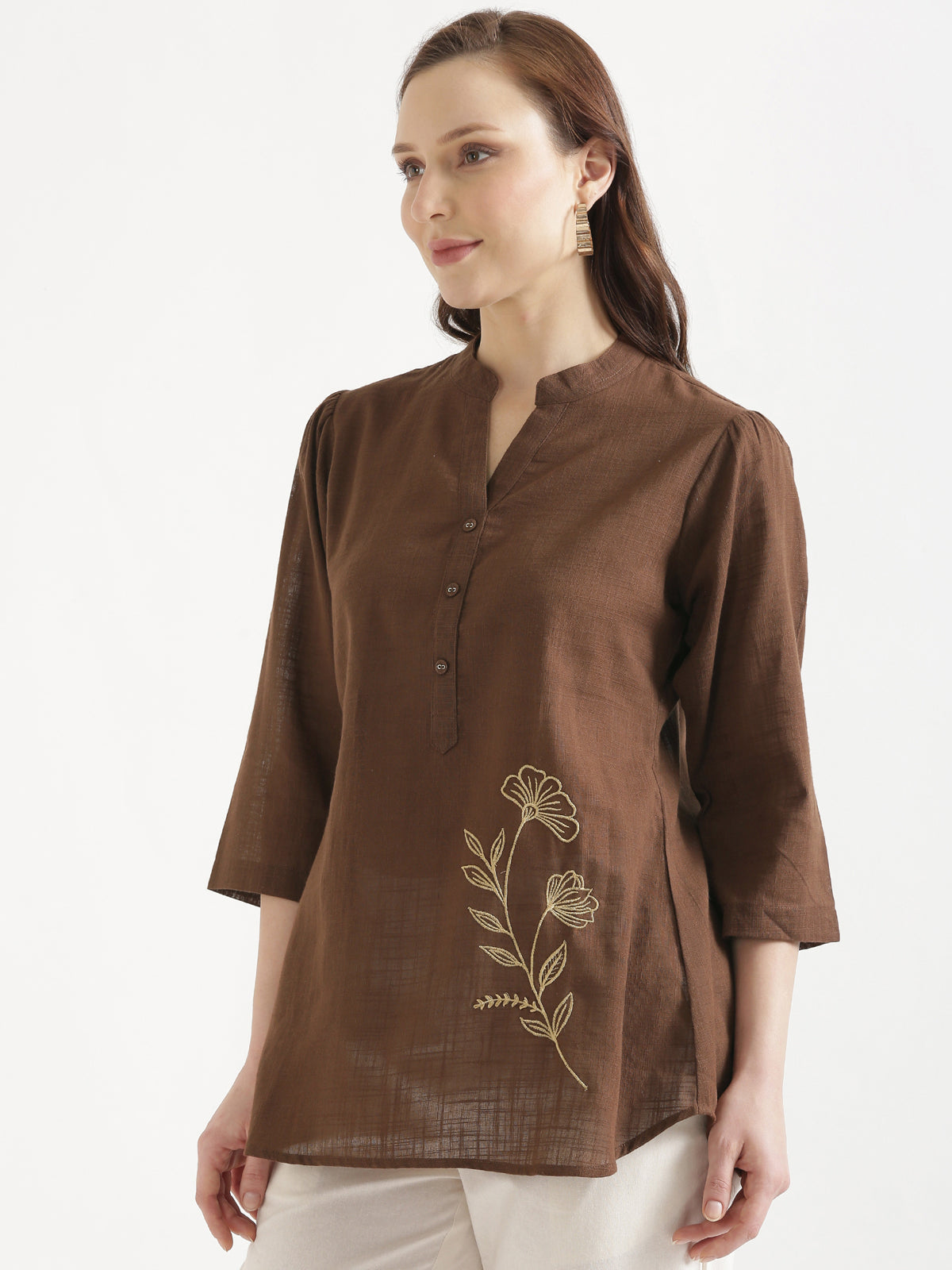 ELIO Coffee Brown Embroidered Cotton Short Top