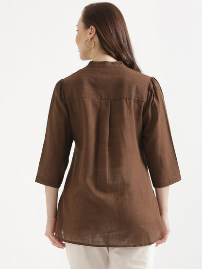 ELIO Coffee Brown Embroidered Cotton Short Top