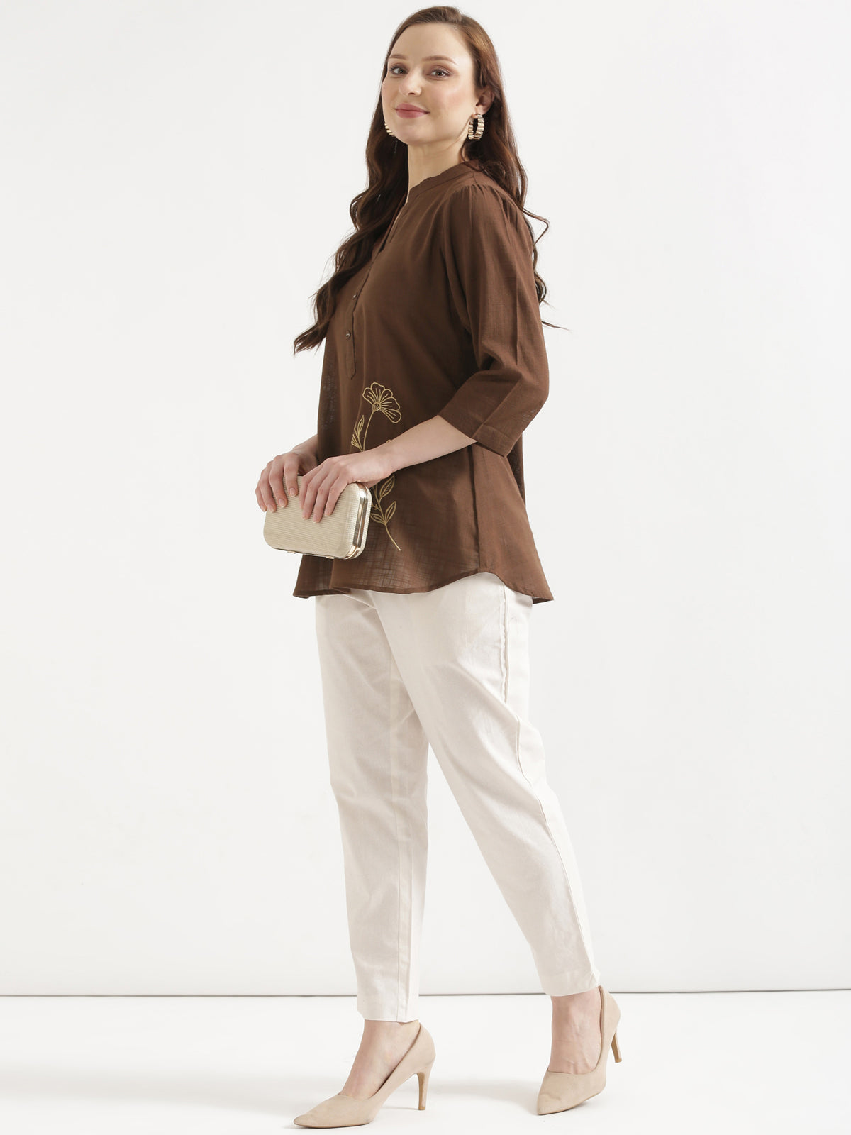 ELIO Coffee Brown Embroidered Cotton Short Top