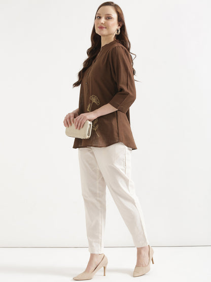 ELIO Coffee Brown Embroidered Cotton Short Top