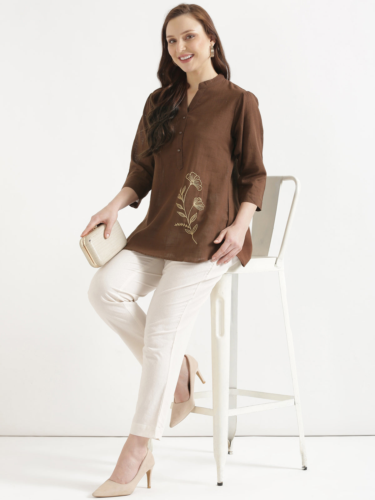 ELIO Coffee Brown Embroidered Cotton Short Top