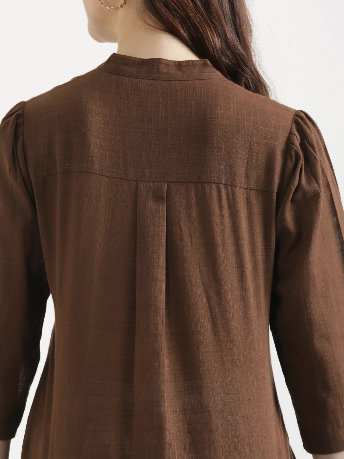 ELIO Coffee Brown Embroidered Cotton Short Top