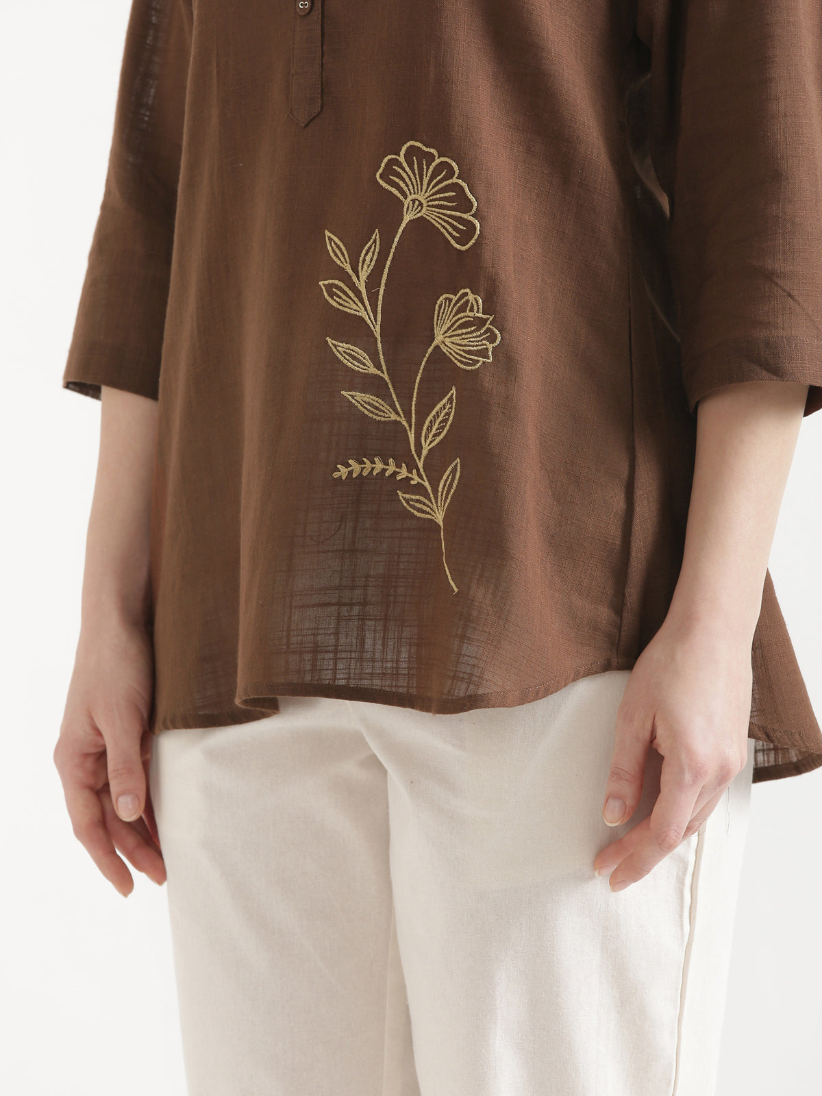 ELIO Coffee Brown Embroidered Cotton Short Top