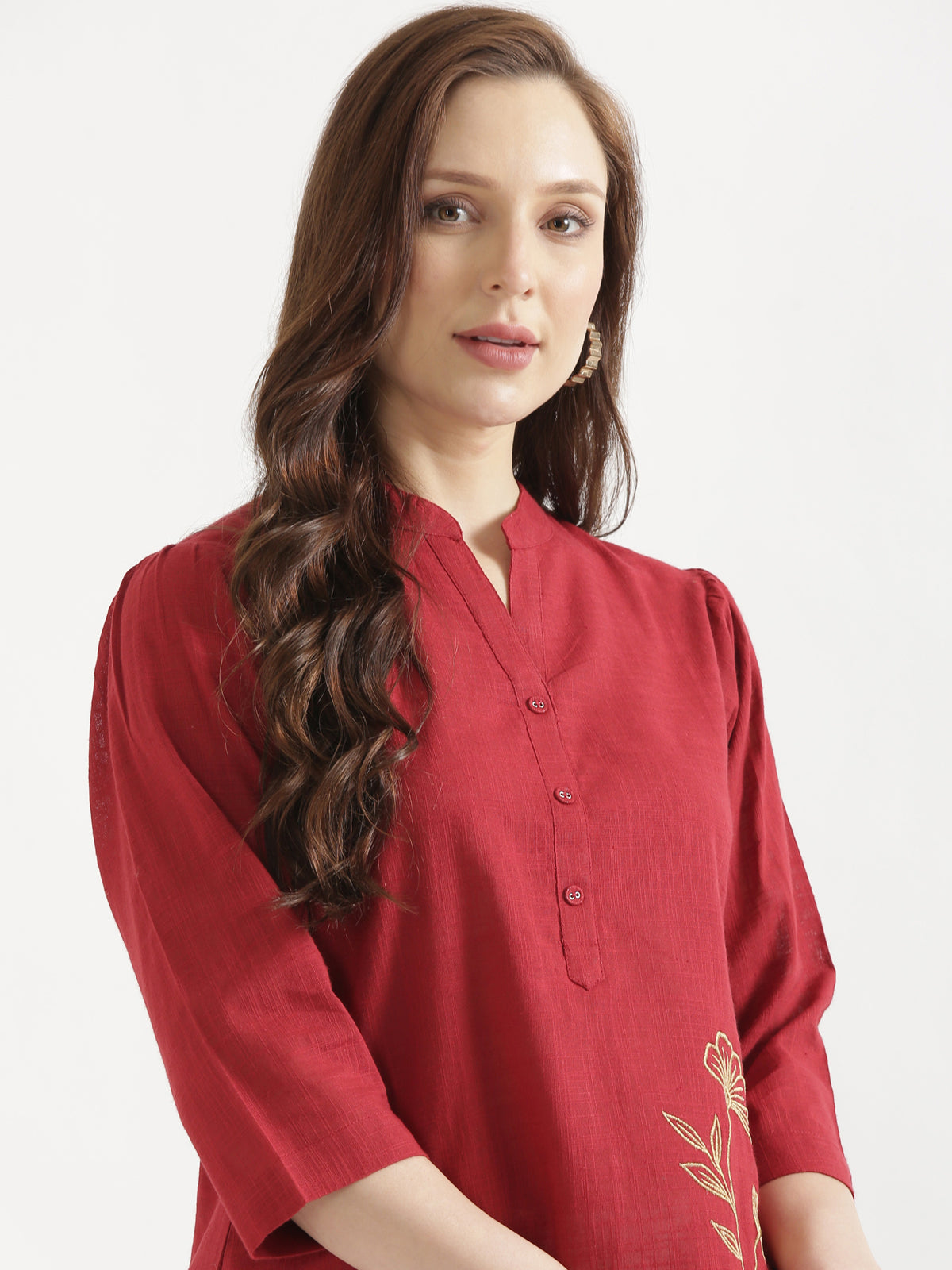 ELIO Crimson Red Embroidered Cotton Short Top
