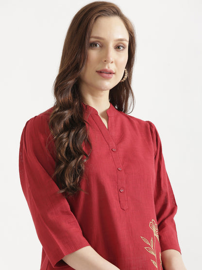 ELIO Crimson Red Embroidered Cotton Short Top