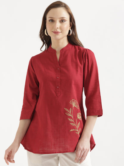 ELIO Crimson Red Embroidered Cotton Short Top