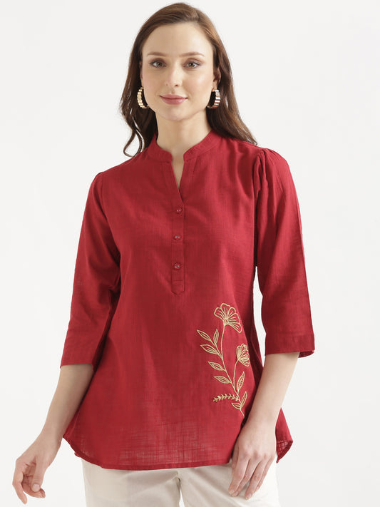 ELIO Crimson Red Embroidered Cotton Short Top
