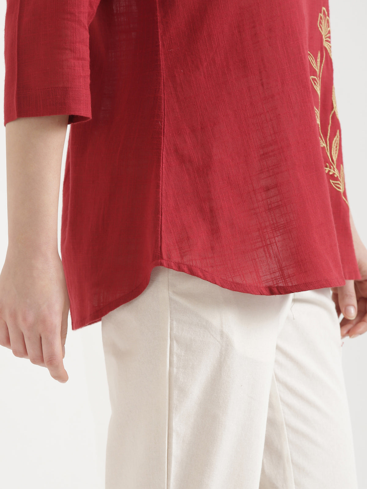 ELIO Crimson Red Embroidered Cotton Short Top