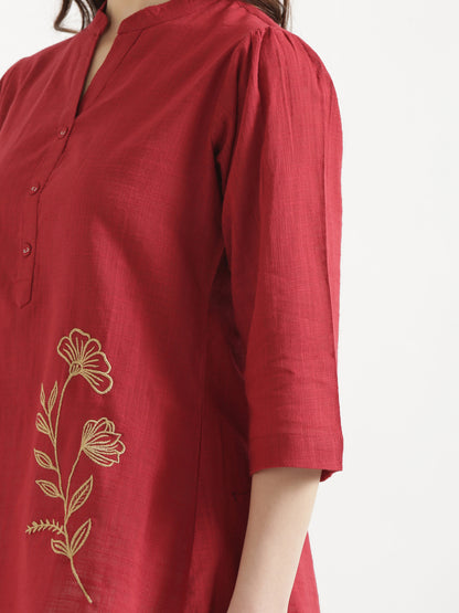 ELIO Crimson Red Embroidered Cotton Short Top