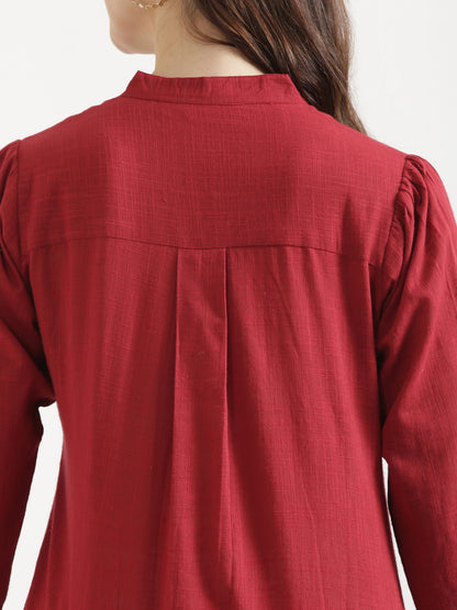 ELIO Crimson Red Embroidered Cotton Short Top