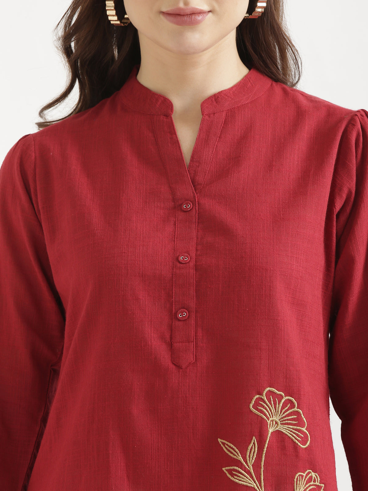 ELIO Crimson Red Embroidered Cotton Short Top