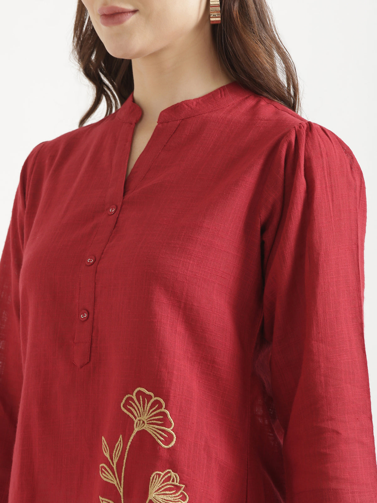 ELIO Crimson Red Embroidered Cotton Short Top