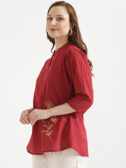 ELIO Crimson Red Embroidered Cotton Short Top