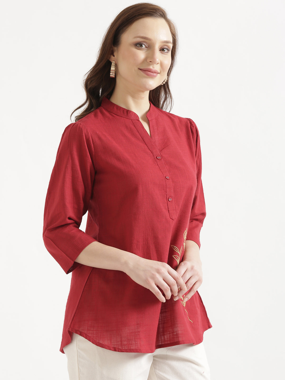 ELIO Crimson Red Embroidered Cotton Short Top
