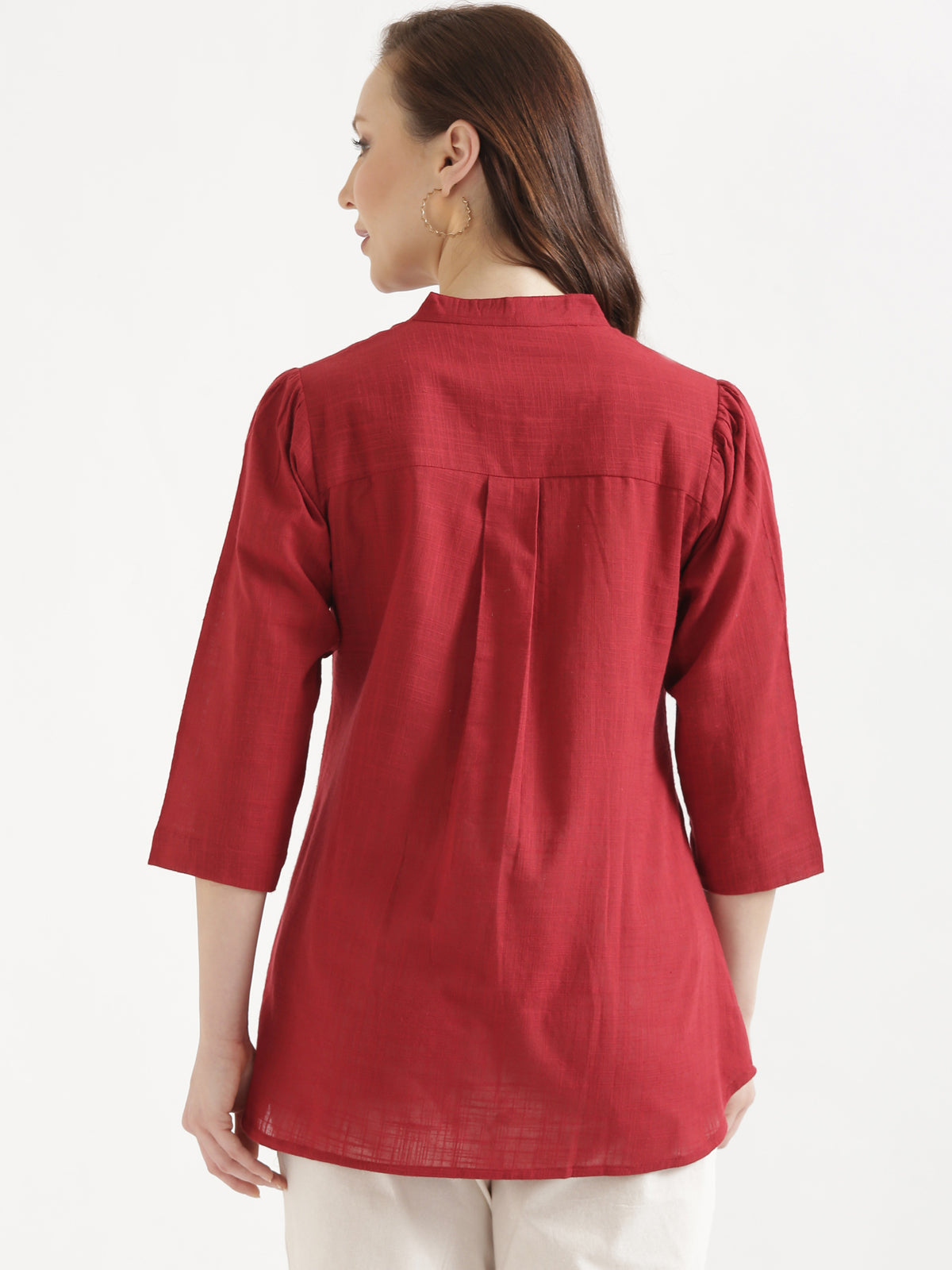 ELIO Crimson Red Embroidered Cotton Short Top