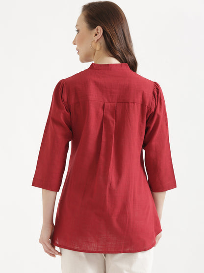 ELIO Crimson Red Embroidered Cotton Short Top