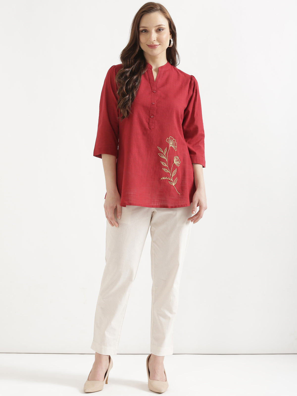 ELIO Crimson Red Embroidered Cotton Short Top