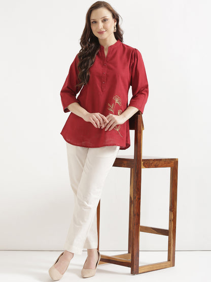 ELIO Crimson Red Embroidered Cotton Short Top