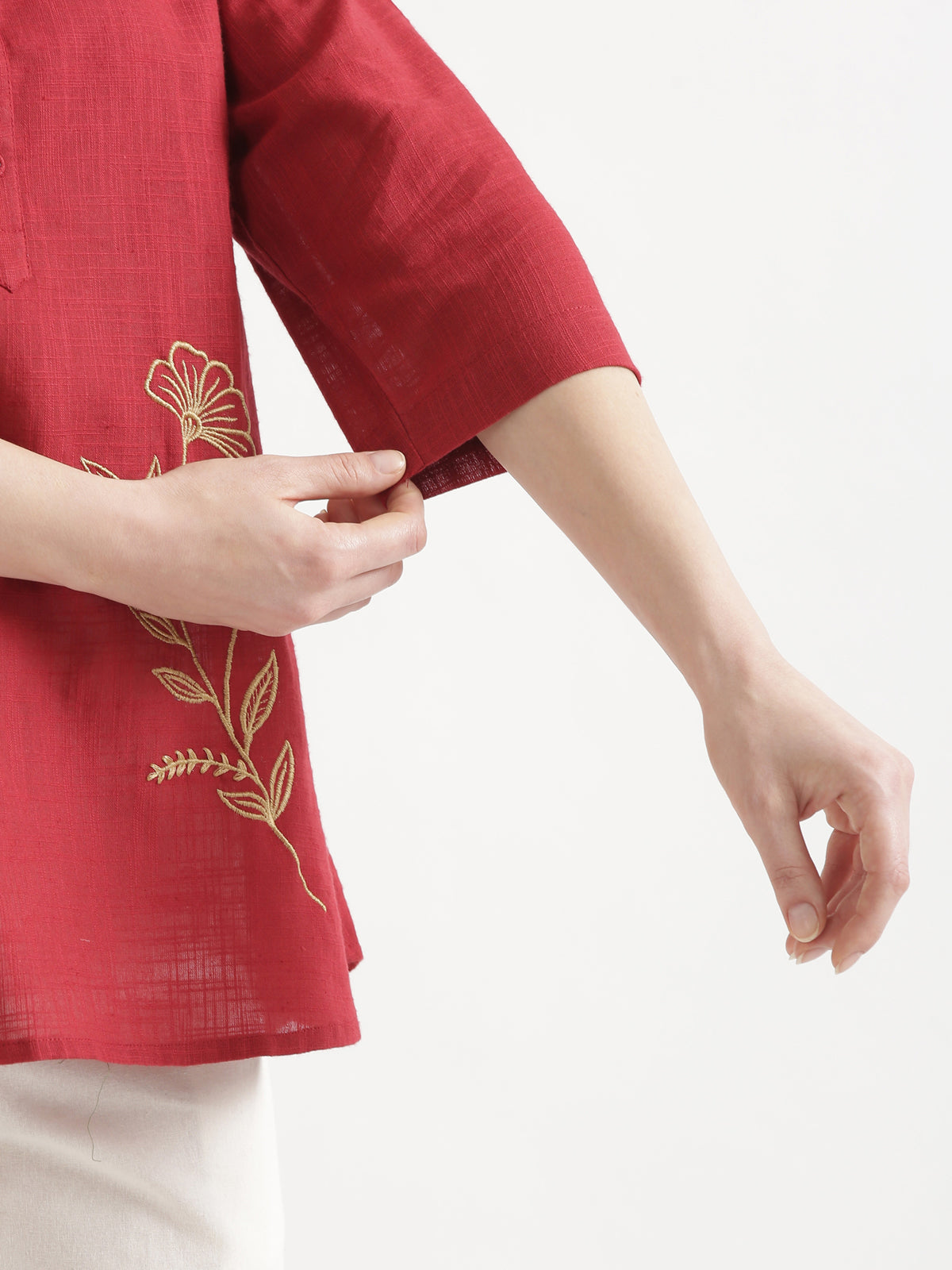 ELIO Crimson Red Embroidered Cotton Short Top